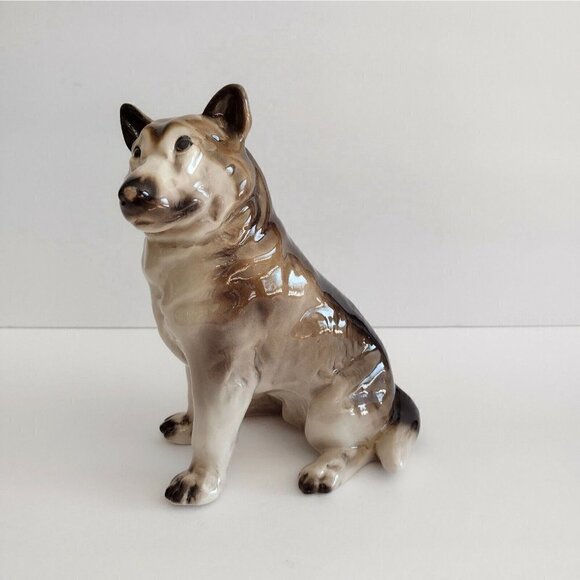 Vtg Glazed Ceramic Alaskan Malamute Husky German Shepard Dog Figurine Stamped - Picture 1 of 9